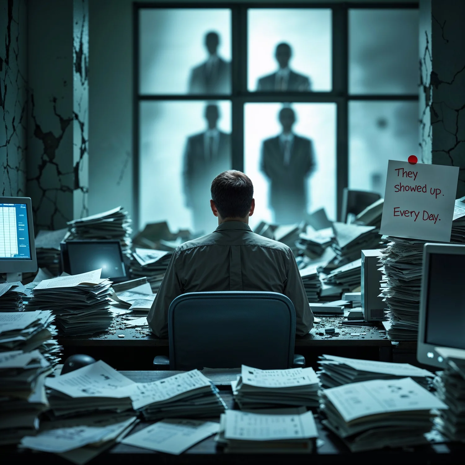 A lone federal worker sits at a cluttered desk piled high with paperwork, facing a cracked wall and a frosted window where four shadowy political figures loom. A note pinned nearby reads, “They showed up. Every day.” The scene is dimly lit, evoking fatigue, tension, and quiet resilience.