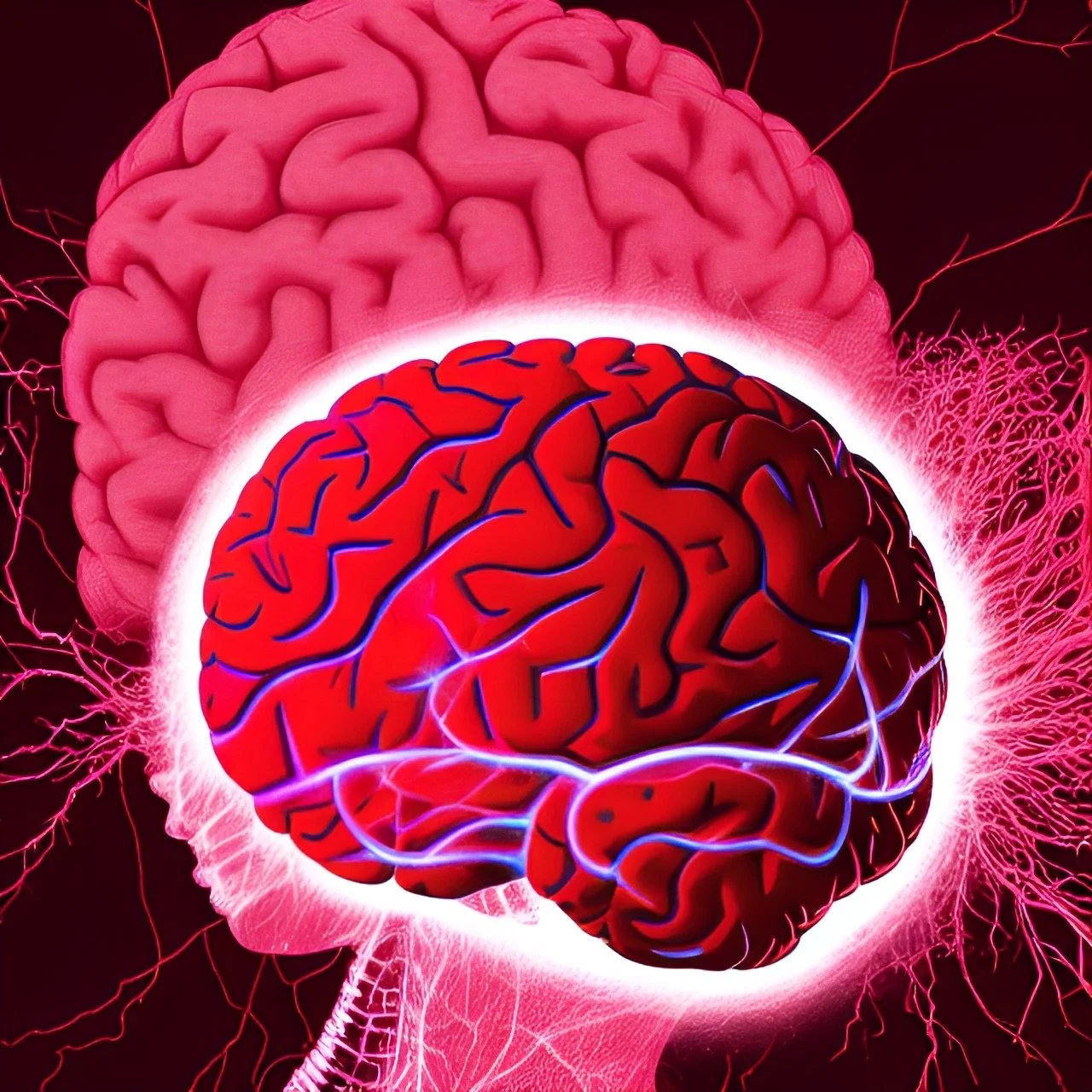 A stressed and duress brain depicted in the form of digital art. The brain is shown as being red and pulsating with veins visible.