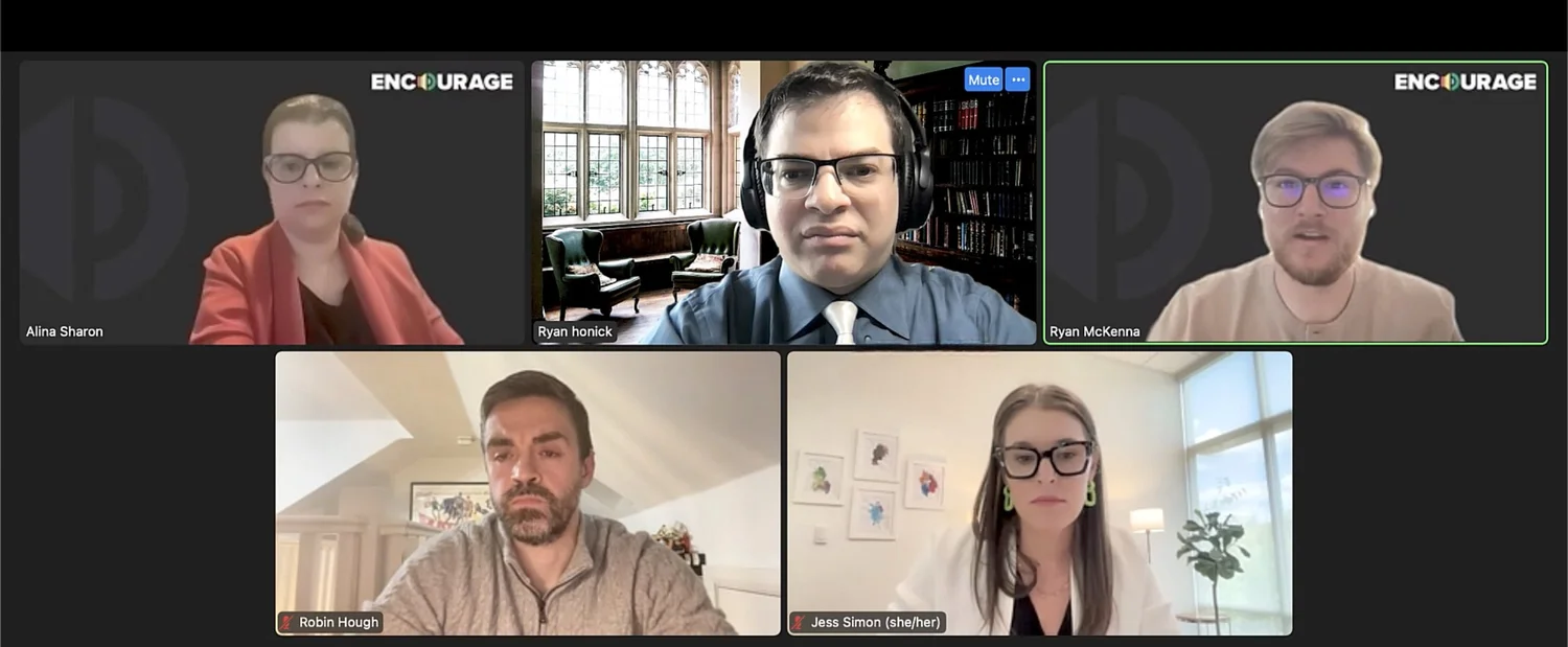 A Zoom screenshot showing Disability Advocate Ryan Honick, and fellow RVO Health panelists, Alina Sharon, Ryan McKenna, Robin Hough, and Jessica Simon as part of a DEI in the workplace discussion.
