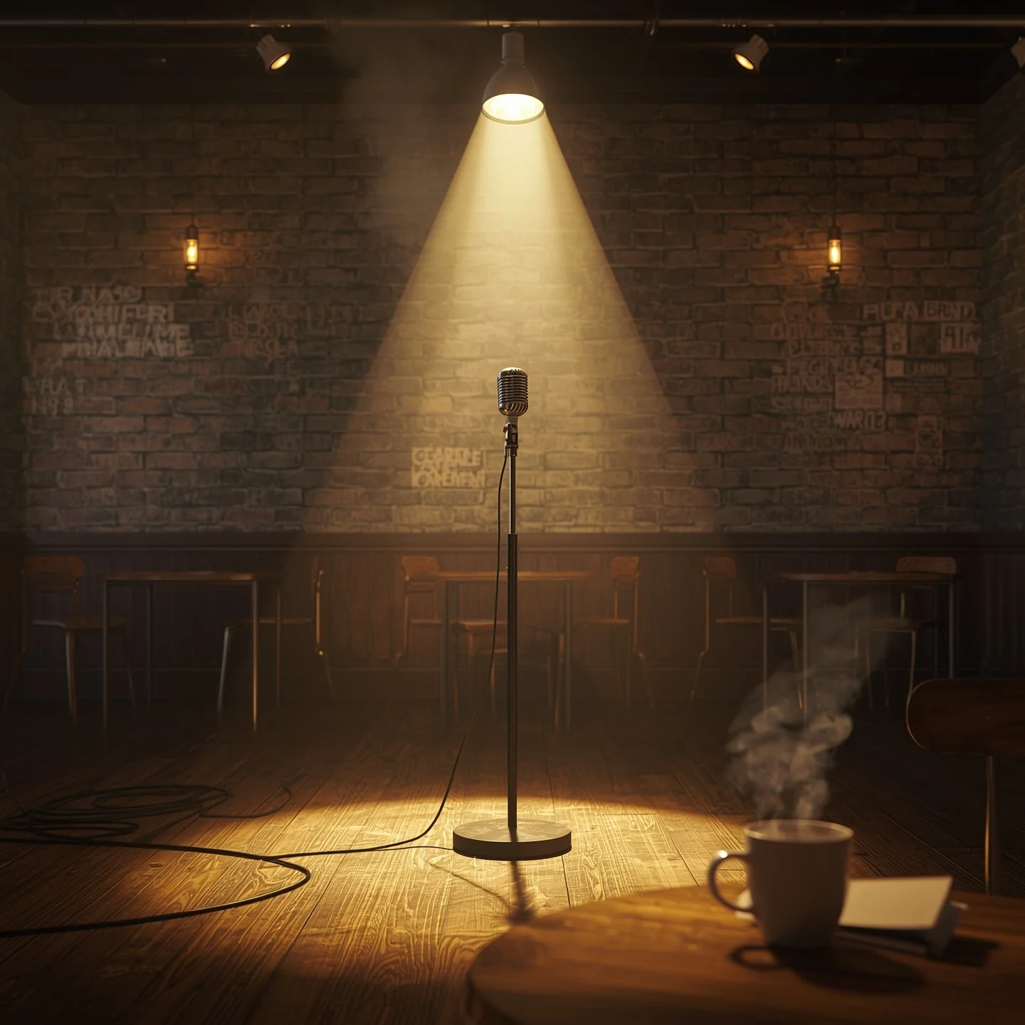 A warmly lit café stage with a vintage microphone under a spotlight, brick wall backdrop, empty chairs, and a steaming mug in the foreground.