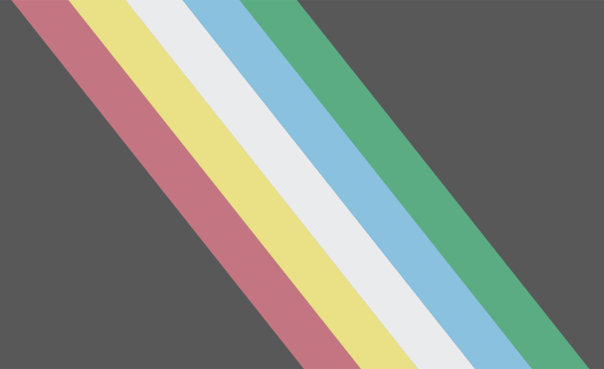 The disability pride flag. Five vertical bands (Green, Blue, White, Yellow, Red) on a Black background.