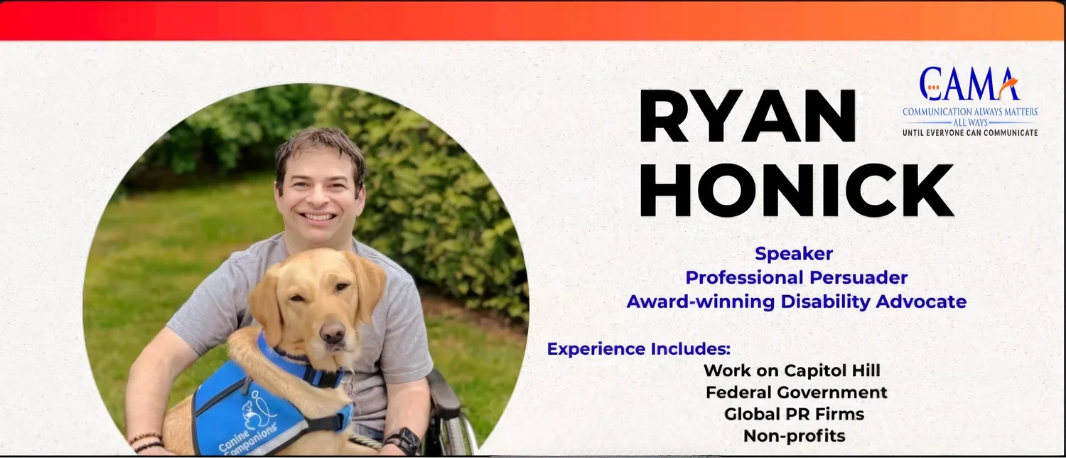 Ryan Honick smiles beside his golden service dog, Lovey, who wears a blue Canine Companions vest. Conference branding and professional credentials appear beside them.