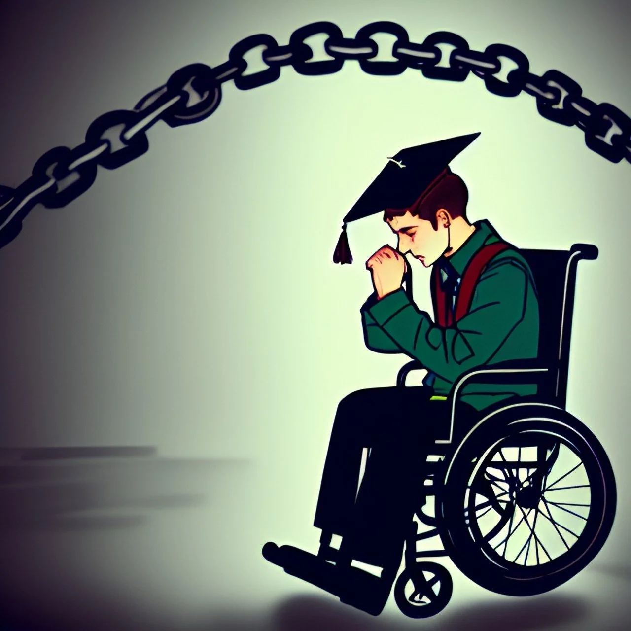 An artistic rendering of a wheelchair user in a cap and gown. His hands are clasped and he looks depressed. Above him, a chain link.
