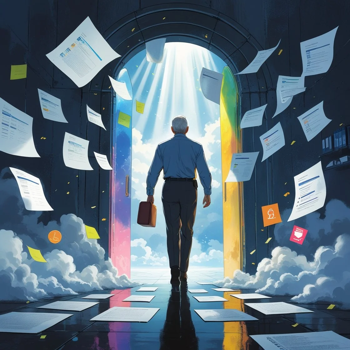 An older man in business attire walks through a glowing doorway into a bright, hopeful sky, as resumes and documents float around him, symbolizing a transition from federal service to civilian work.