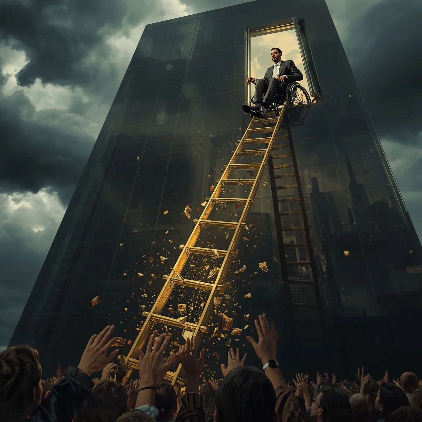 A man in a wheelchair sits in a doorway high on a dark glass skyscraper, kicking away a golden ladder as pieces fall toward a crowd of people reaching upward beneath stormy skies.