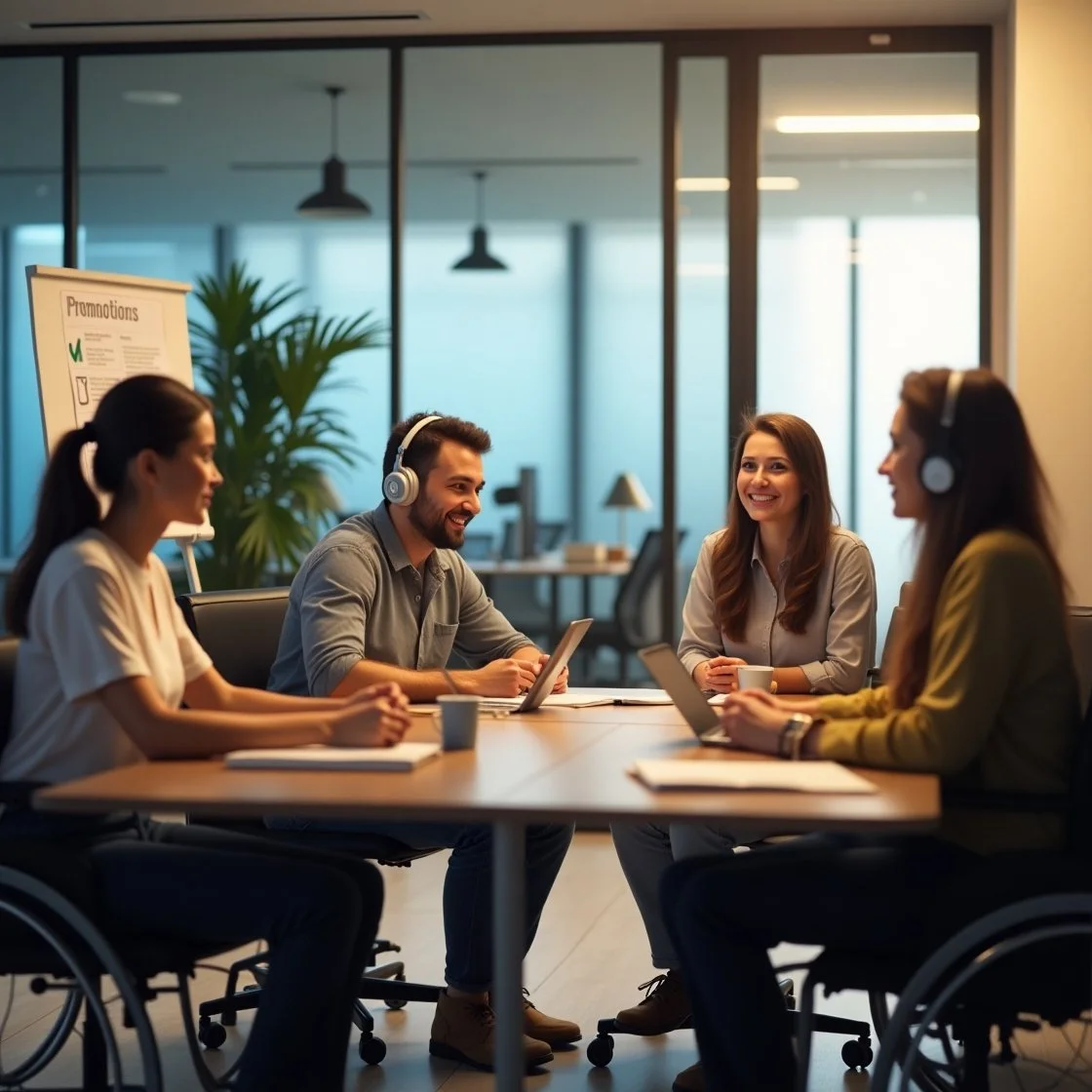 A diverse group of professionals, including wheelchair users and employees with headphones, collaborate in a modern office, promoting workplace inclusion and accessibility.