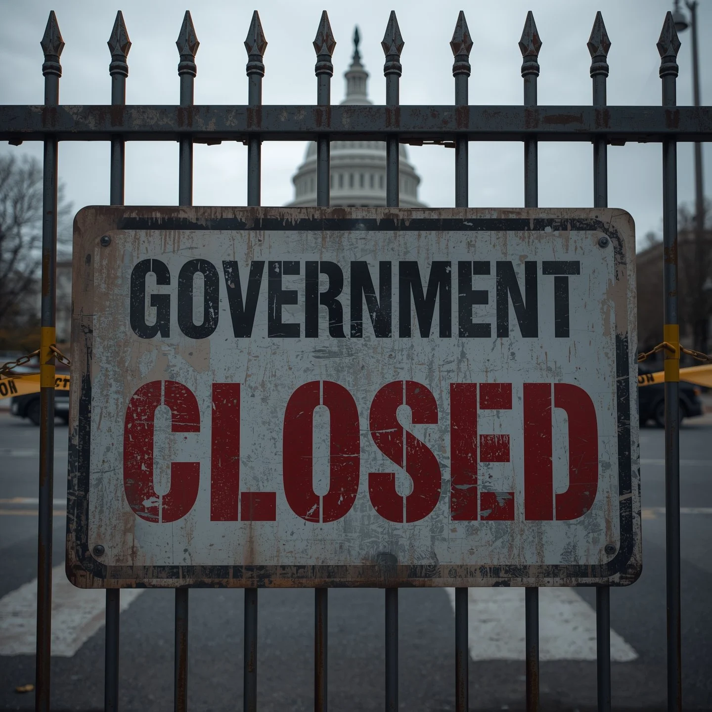 A weathered metal sign reading "Government Closed" is attached to a black iron fence, with the U.S. Capitol building blurred in the background.