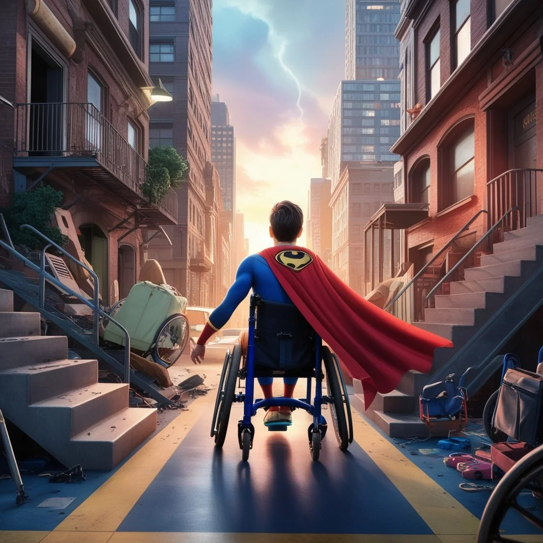 A wheelchair user wearing a superhero cape navigates a city street filled with obstacles like stairs and debris. The cityscape includes tall buildings, narrow doorways, and inaccessible paths.