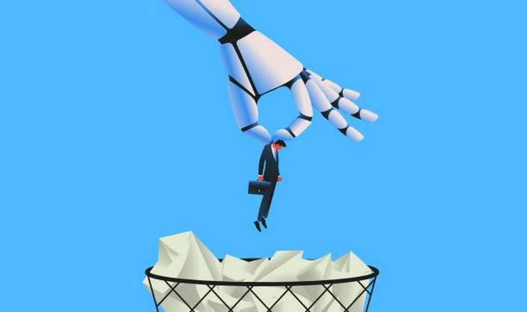 A large robotic hand lifts a small human figure in a suit by the back of his jacket and drops him toward a wire wastebasket filled with crumpled paper. The background is a flat bright blue.