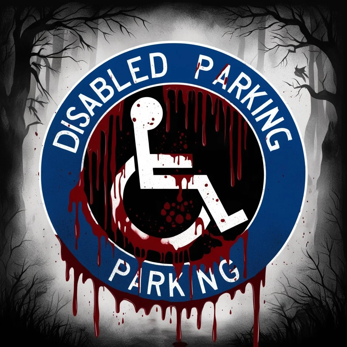 A disabled parking logo is depicted with blood dripping down, symbolizing the erroneous belief that disabled people should die. The scene is a dark and eerie, with the surrounding environment having a grim and foreboding atmosphere, including dark, leafless trees and a misty background.