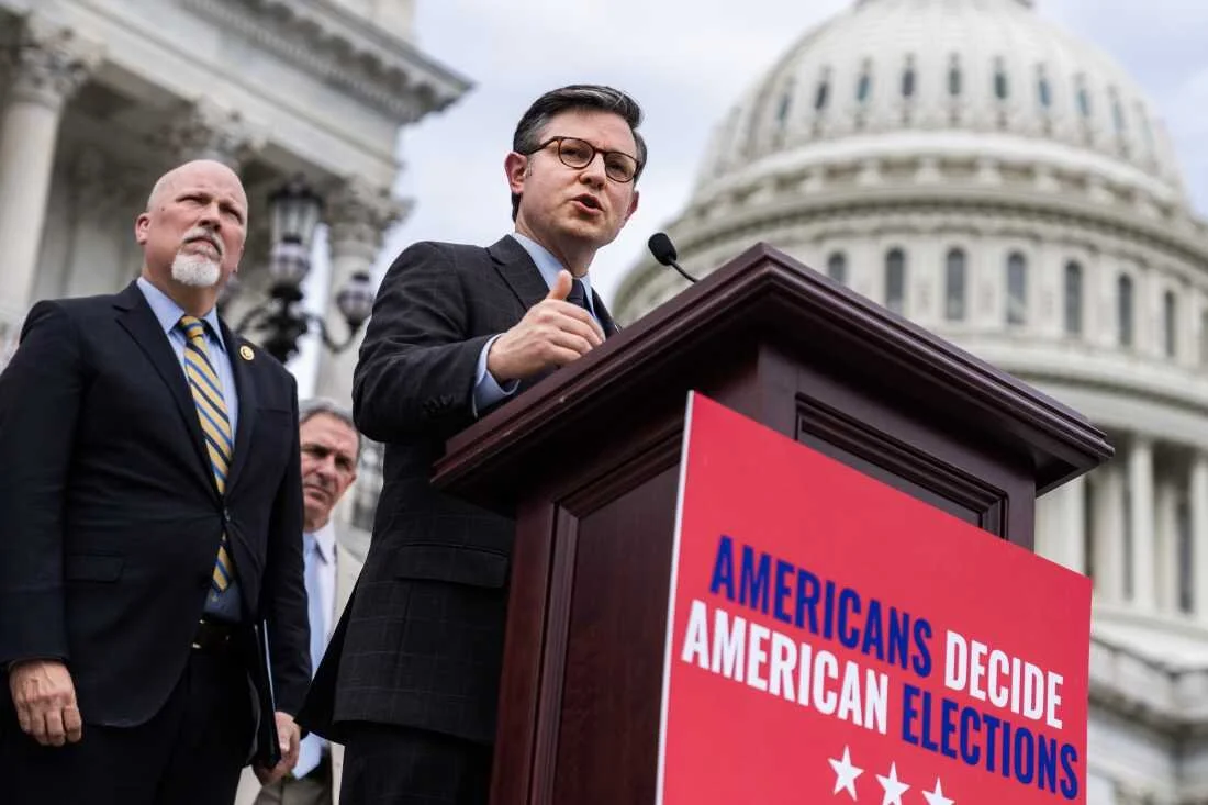 Speaker of the House Mike Johnson (R-La.), Rep. Chip Roy (R-Texas) (left), and Ken Cuccinelli (background), former attorney general of Virginia, hold a news conference on the House steps of the U.S. Capitol to introduce the "Safeguard American Voter Eligibility (SAVE) Act," which would mandate proof of U.S. citizenship for voter registration in federal elections, on Wednesday, May 8, 2024.