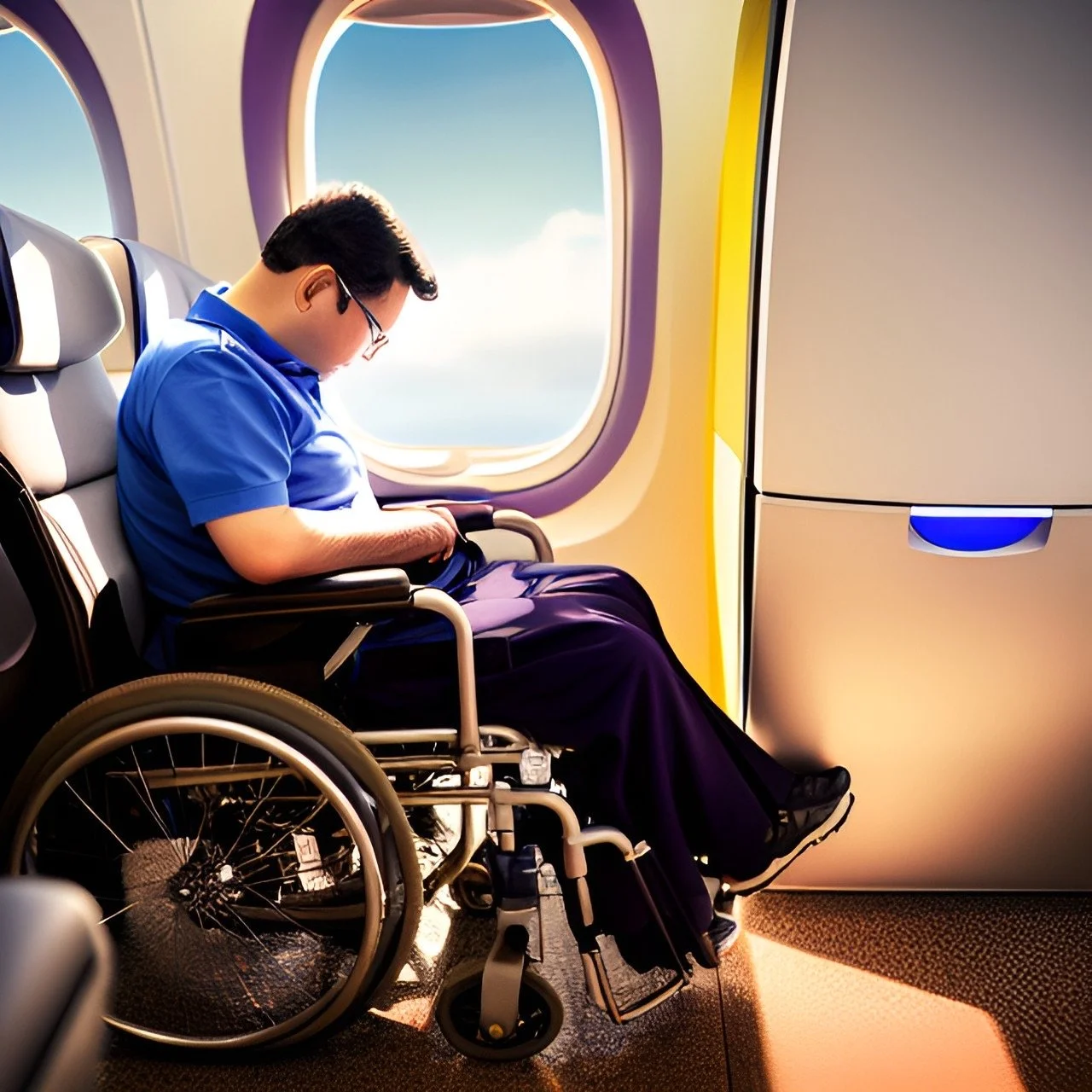 An artistic rendering of a wheelchair user on an airplane, He sits in his chair in the main cabin. Head slightly down. Looking outside the window.