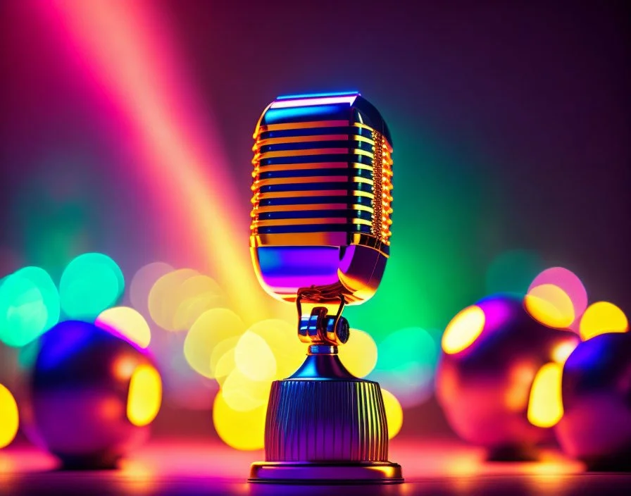 A colorful backdrop with a silver broadcaster’s microphone at the center.