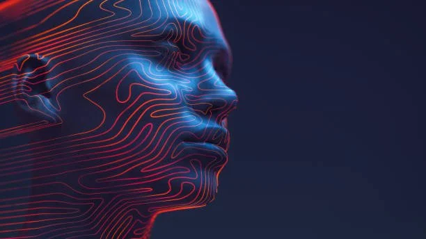 3D rendered digital human head outlined with neon contour lines that resemble a fingerprint's unique swirls, against a deep blue background.
