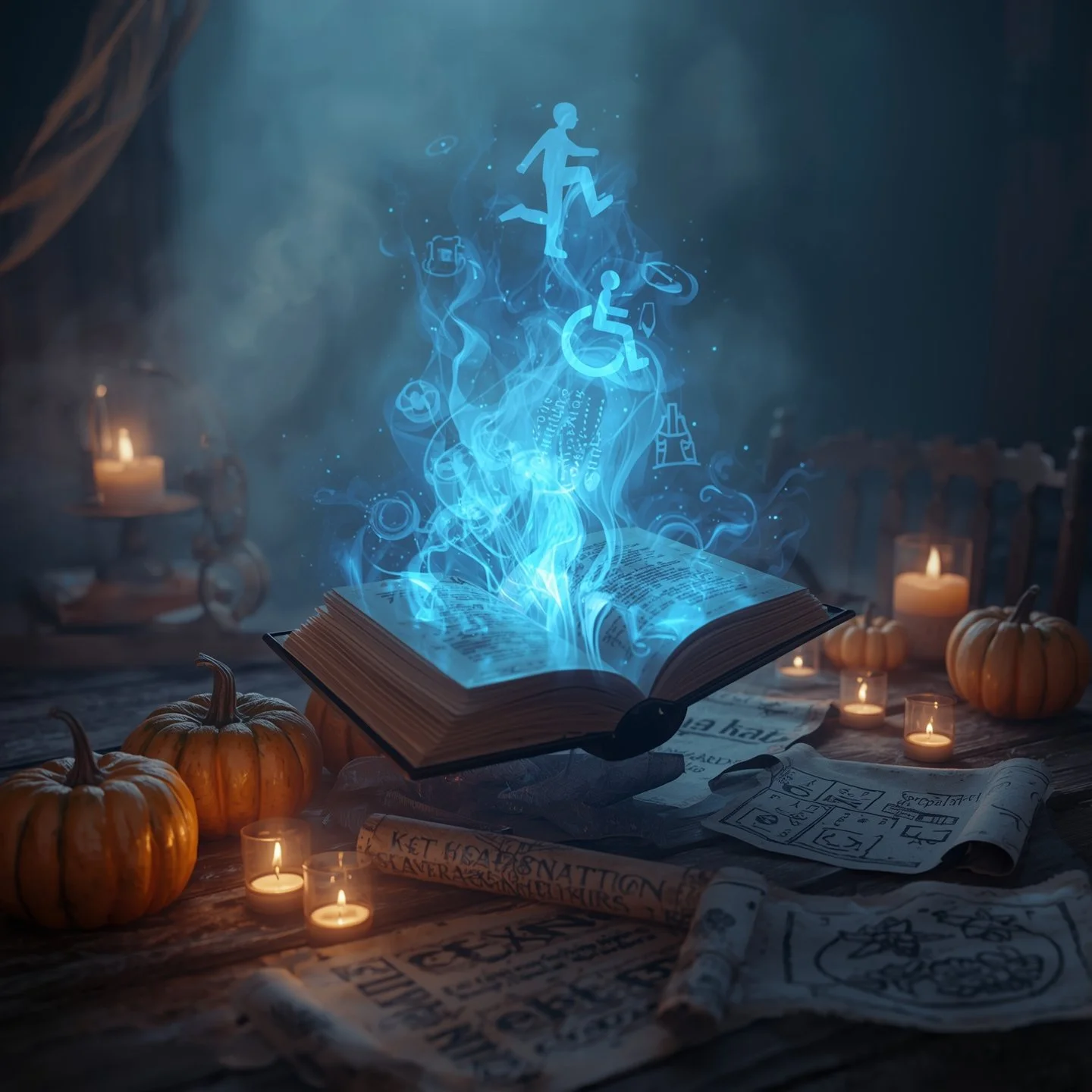 An open spellbook glows with swirling blue magic that forms accessibility symbols, including a wheelchair icon and braille dots. The book rests on a wooden table surrounded by candles, pumpkins, and old scrolls, blending Halloween imagery with a sense of inclusive design and possibility.